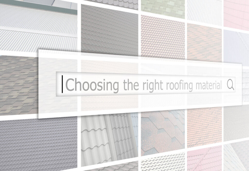 Visualization of the search bar on the background of a collage of many pictures with fragments of various types of roofing close up. Choosing the right roofing material