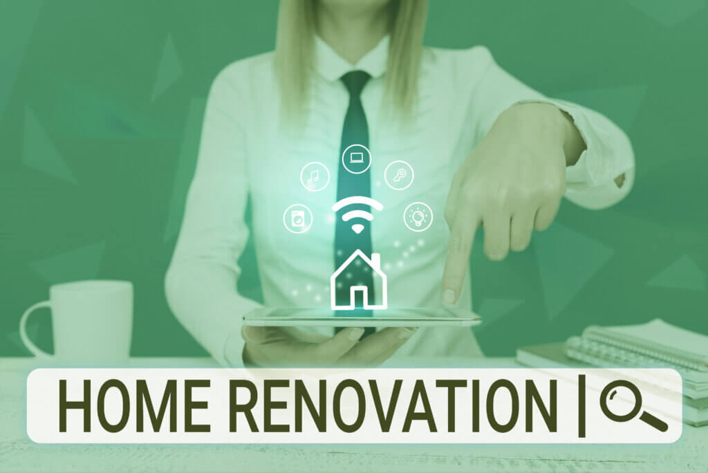 Conceptual caption Home Renovation. Word Written on process of renovating or making additions to one s is home Lady Pressing Screen Of Mobile Phone